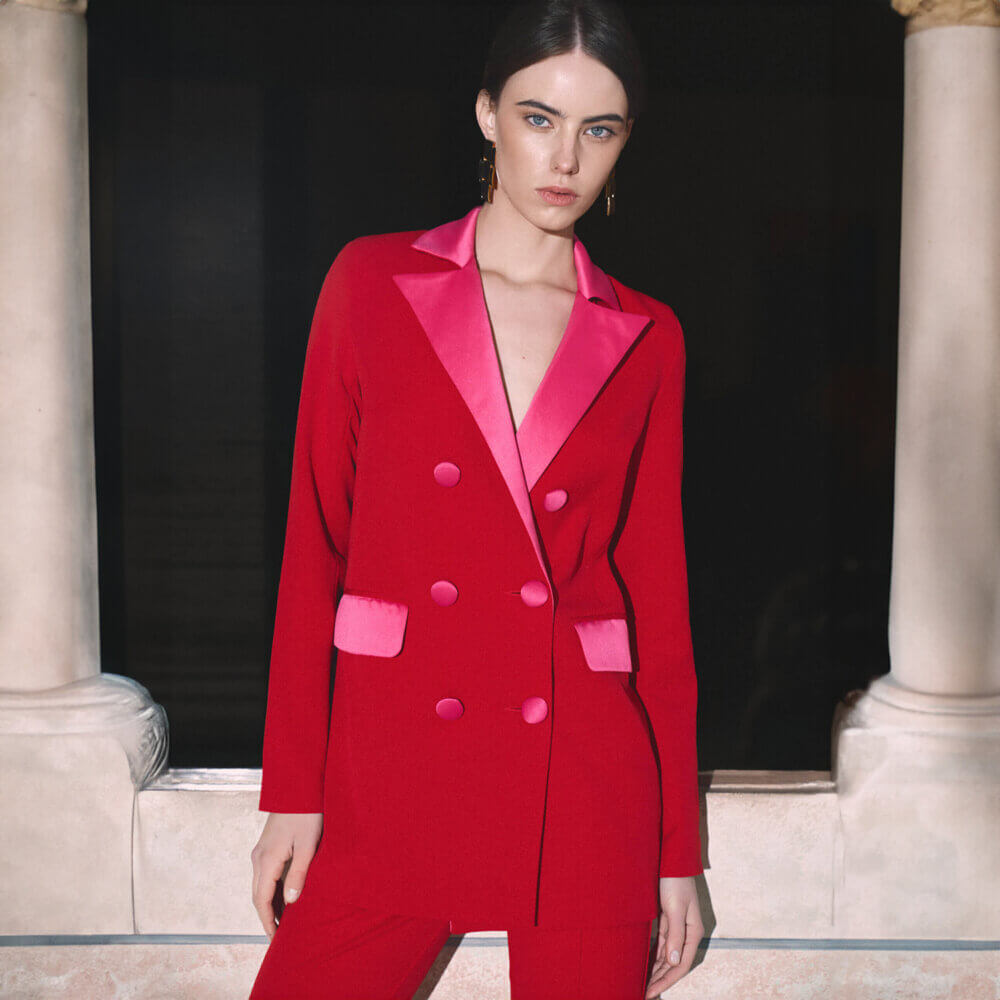 Double-Breasted Structured Red Blazer With Pink Elements