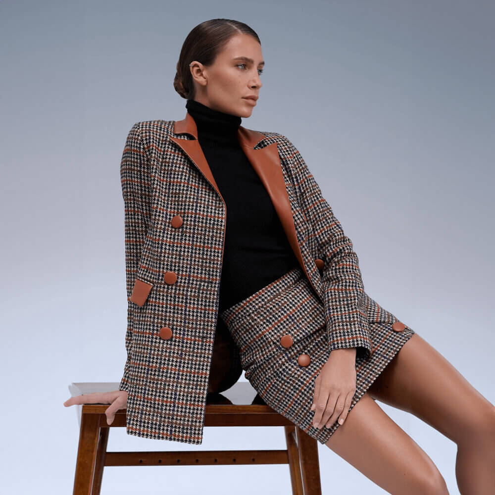 Tweed Houndstooth Jacket With Leather