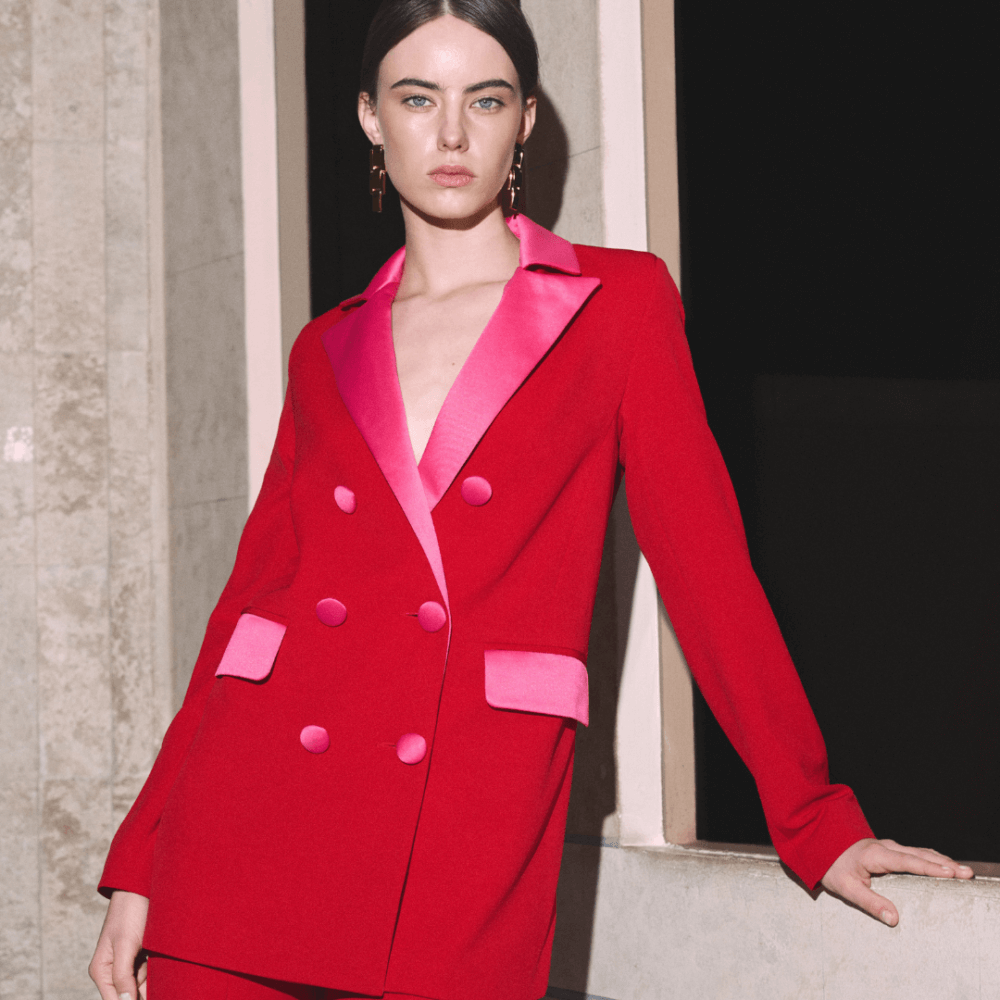 Double-Breasted Structured Red Blazer With Pink Elements