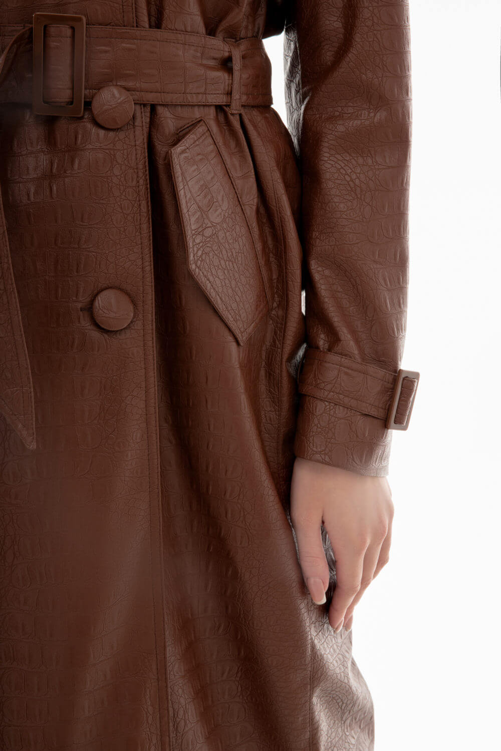 Crocodile embossed brown leather coat